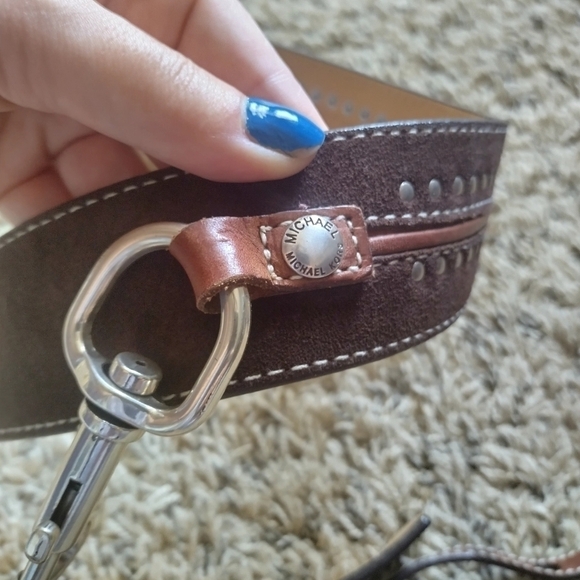 Michael Kors Brown Leather Statement Belt Silver Bolt Snap Buckle Clip Med 36” - Picture 3 of 5